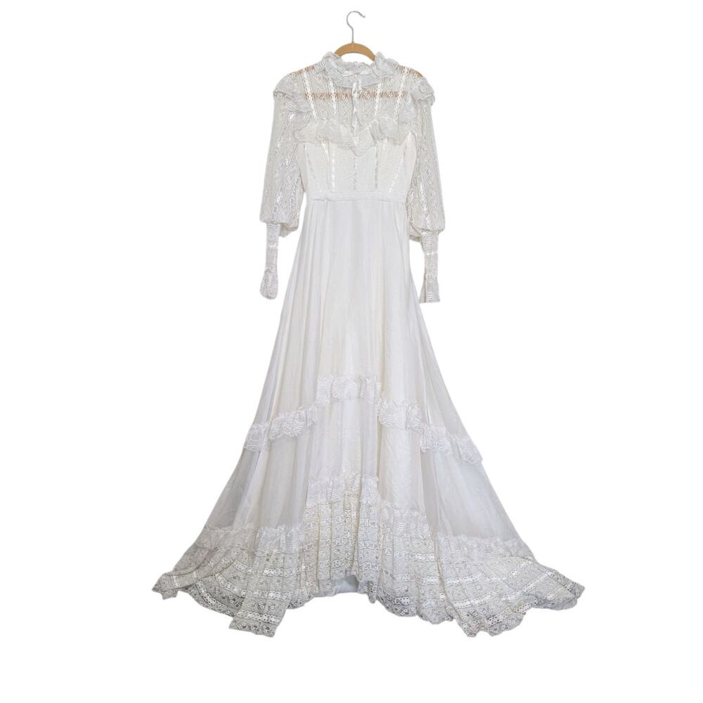 Vintage 70s Victorian Wedding Dress Bridgerton Lace High Neck Illusion Neckline - Picture 7 of 14